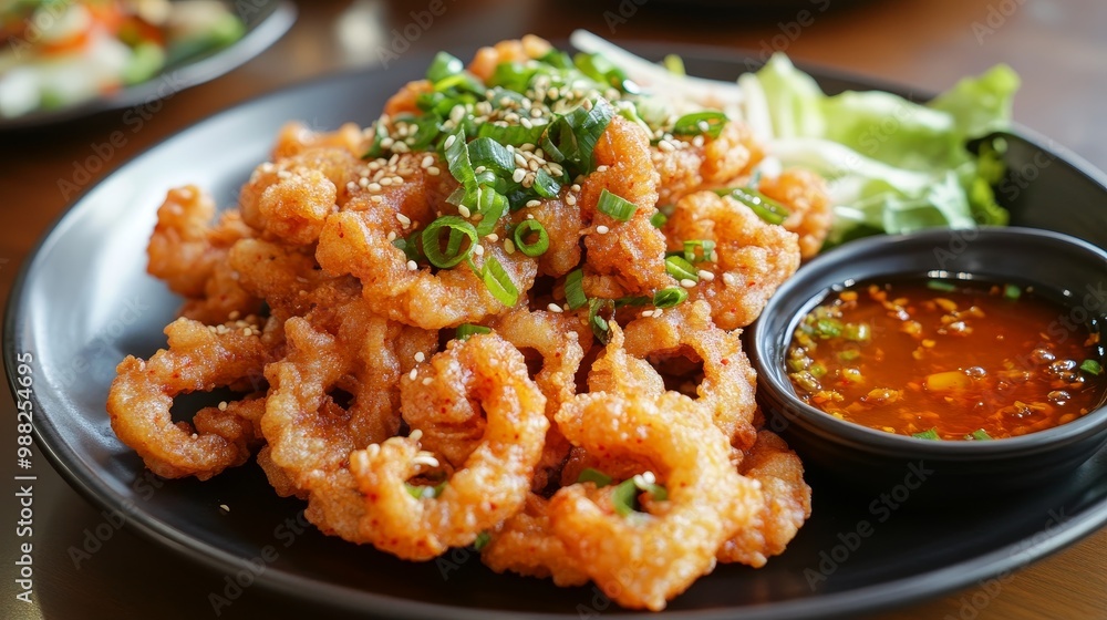 Taste of Korea: Crispy Ojingeo Twigim (Fried Squid) with Dipping Sauce in Soft Ambient Lighting Taste of Korea: Crispy Ojingeo Twigim (Fried Squid) with Dipping Sauce in Soft Ambient Lighting