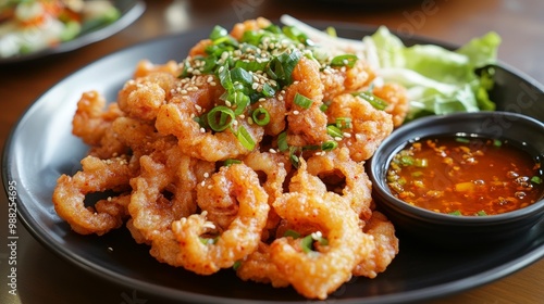 Taste of Korea: Crispy Ojingeo Twigim (Fried Squid) with Dipping Sauce in Soft Ambient Lighting photo