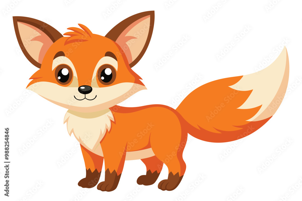 Fototapeta premium A charming cartoon fox with vibrant orange fur stands happily against a clean white background, exuding playfulness and innocence.