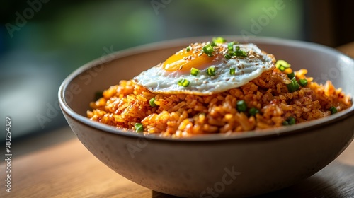 Delicious Kimchi Fried Rice with Sunny-Side-Up Egg in Natural Daylight photo