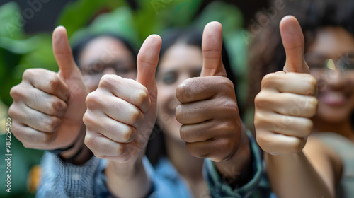 Close up of group of diverse people showing raised thumbs at camera as gesture of recommendation or good choice. Professional multicultural team demonstrates satisfaction and gives photo