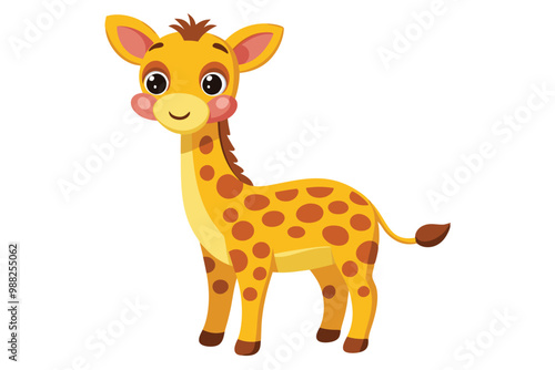 A cheerful cartoon giraffe stands on a white background, showcasing its playful expression and colorful spots, embodying a whimsical and joyful nature.