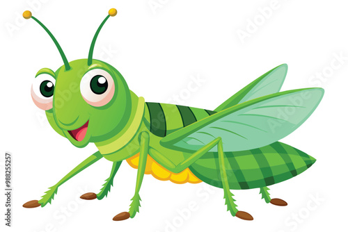 A charming grasshopper with vibrant green colors and a big smile adds a touch of joy against a clean white background, full of personality and cheer.