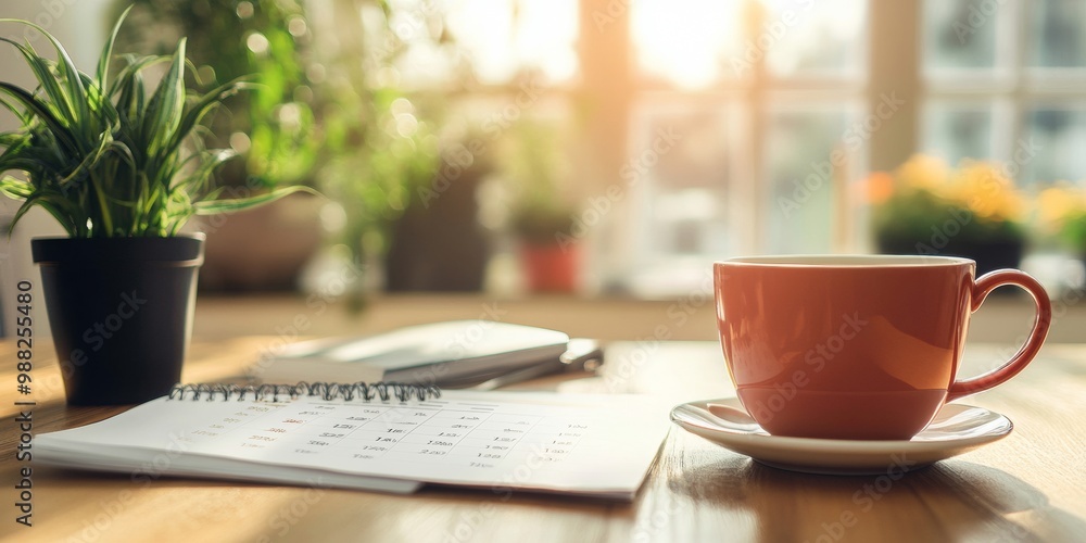 Cozy Office Moments, a close view of a desk calendar beside a steaming cup of tea, gentle office ambiance in the background Cozy Office Moments, a close view of a desk calendar beside a steaming cup of tea, gentle office ambiance in the background