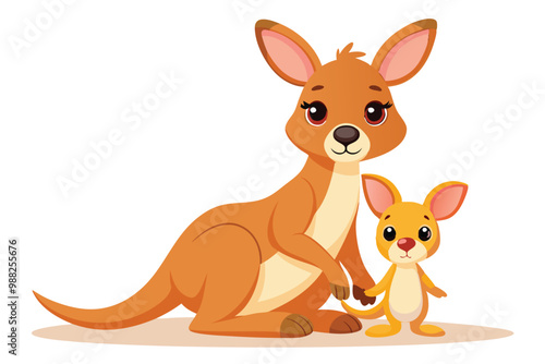 A cute cartoon kangaroo gently holds hands with its baby, showcasing a tender moment of care and affection between them.