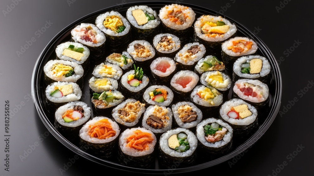 Freshly Made Korean Gimbap Sushi Rolls Arranged Artfully on Black Plate with Studio Lighting Enhancing Vibrant Fillings Freshly Made Korean Gimbap Sushi Rolls Arranged Artfully on Black Plate with Studio Lighting Enhancing Vibrant Fillings
