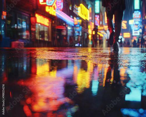 Wallpaper Mural rainy neon city street reflection - wet asphalt, urban night scene, colorful lights Torontodigital.ca