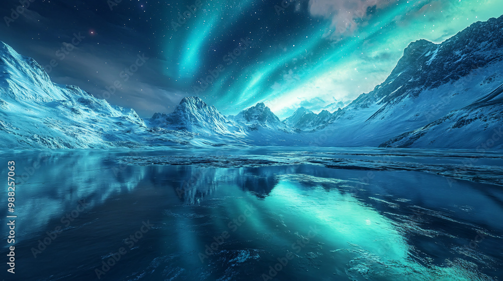 Naklejka premium arctic landscape with northern lights reflection in frozen lake - blue, green, night, mountains, stars