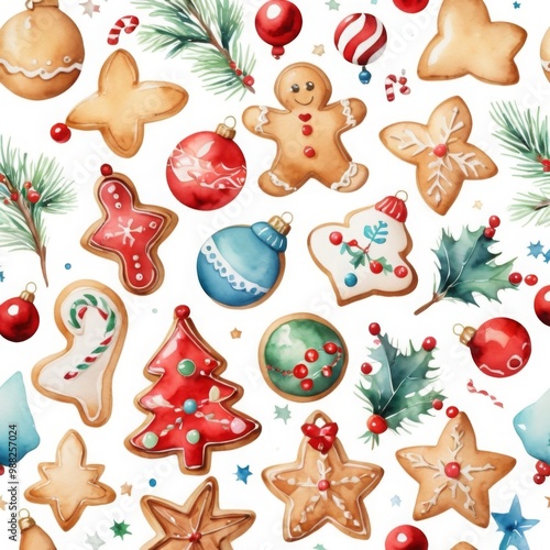 Watercolor Colorful Cute Christmas Cookies on White Background Seamless Pattern Wallpaper