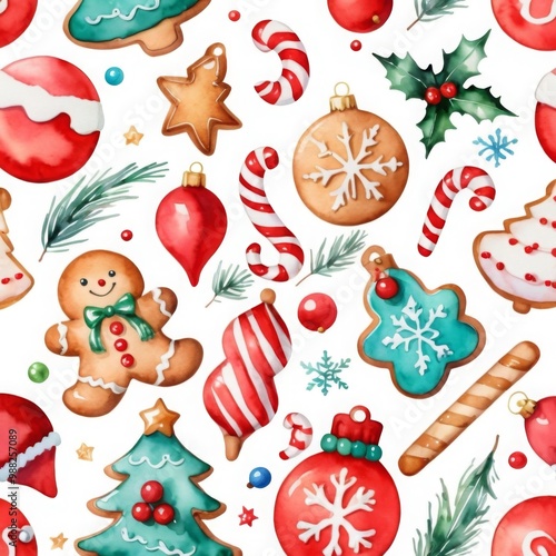 Watercolor Colorful Cute Christmas Cookies on White Background Seamless Pattern Wallpaper