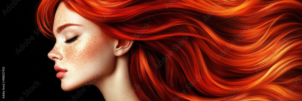 Close-up portrait young woman long flowing red hair Vibrant flows Close-up portrait young woman long flowing red hair Vibrant flows