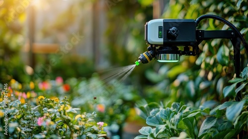 Wallpaper Mural A vibrant garden scene featuring a modern sprinkler system watering lush flowers and plants in warm sunlight. Torontodigital.ca