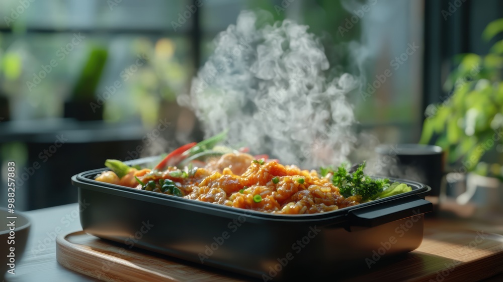 Delicious steaming dish of fried rice with vegetables, served in a black tray. Perfect for food lovers and culinary enthusiasts. Delicious steaming dish of fried rice with vegetables, served in a black tray. Perfect for food lovers and culinary enthusiasts.