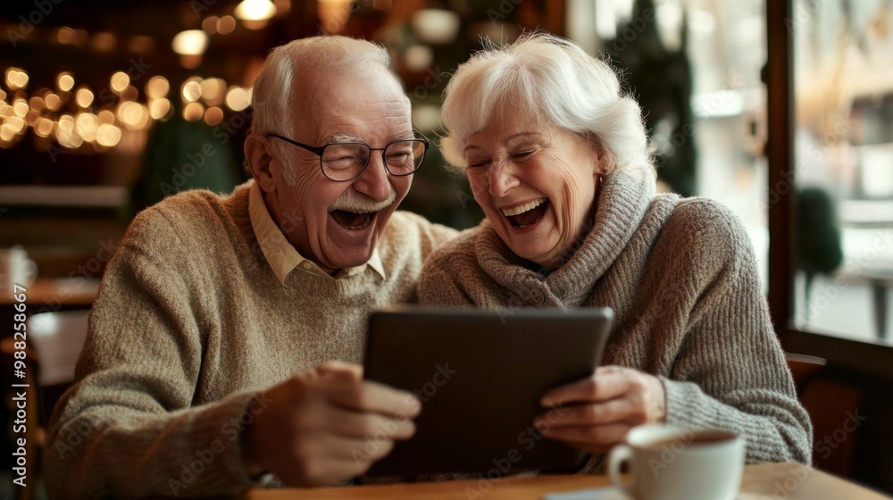 Elderly couple sitting restaurant laughing looking tablet man sharing Elderly couple sitting restaurant laughing looking tablet man sharing