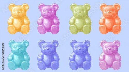 Vibrant Gummy Bears Candy Illustration in Minimalistic 2D Vector Style on Transparent Background with Soft Pastel Tones