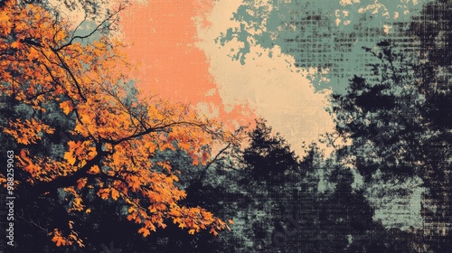 Abstract autumn background. Photocopy stippled style with collage elements of autumn