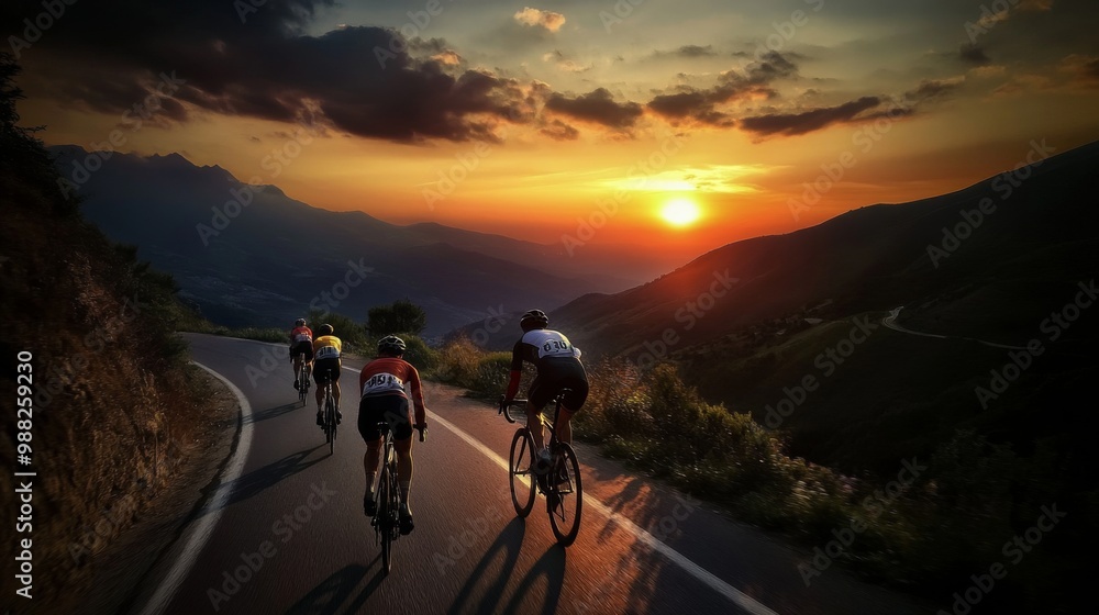 Group cyclists riding winding road mountainous landscape sky side view Photo Group cyclists riding winding road mountainous landscape sky side view Photo