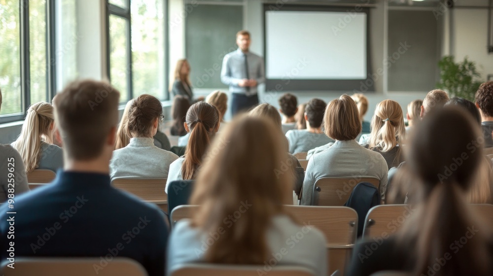 Fototapeta premium Group people sitting lecture hall attentively listening to of diverse