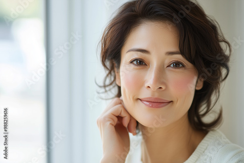 女性, Portrait of a beautiful asian woman with healthy glowing and clear skin with bokeh white theme background, cosmetology or skin care beauty ad mockup with bright sunny daylight 