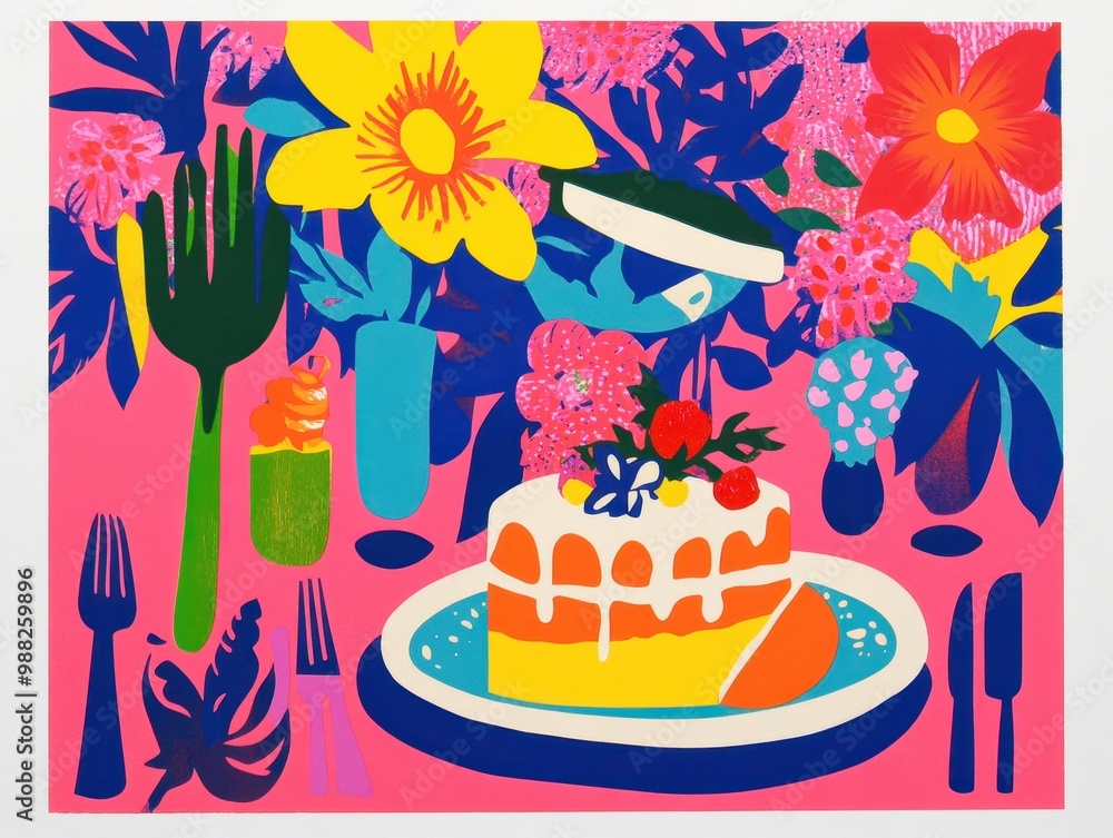 A Colorful Still Life with a Cake and Floral Accents A Colorful Still Life with a Cake and Floral Accents