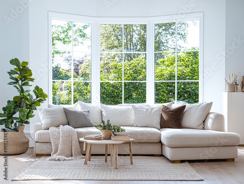 Bright living room with a white sectional sofa, large windows, and green plants showcasing a serene outdoor view