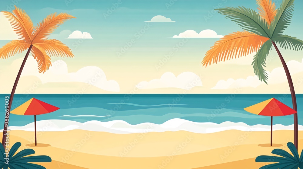 A cartoon illustration of a beach scene with two palm trees, blue ocean, yellow sand, and two umbrellas. A cartoon illustration of a beach scene with two palm trees, blue ocean, yellow sand, and two umbrellas.
