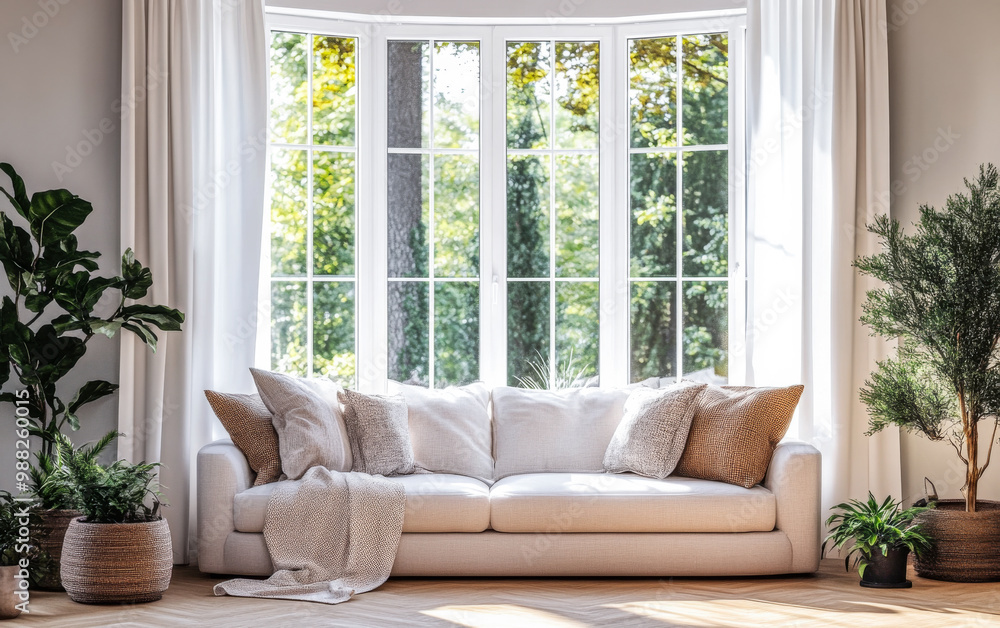 Cozy living room with a white sofa, decorative pillows, and natural light from large windows during the afternoon Cozy living room with a white sofa, decorative pillows, and natural light from large windows during the afternoon