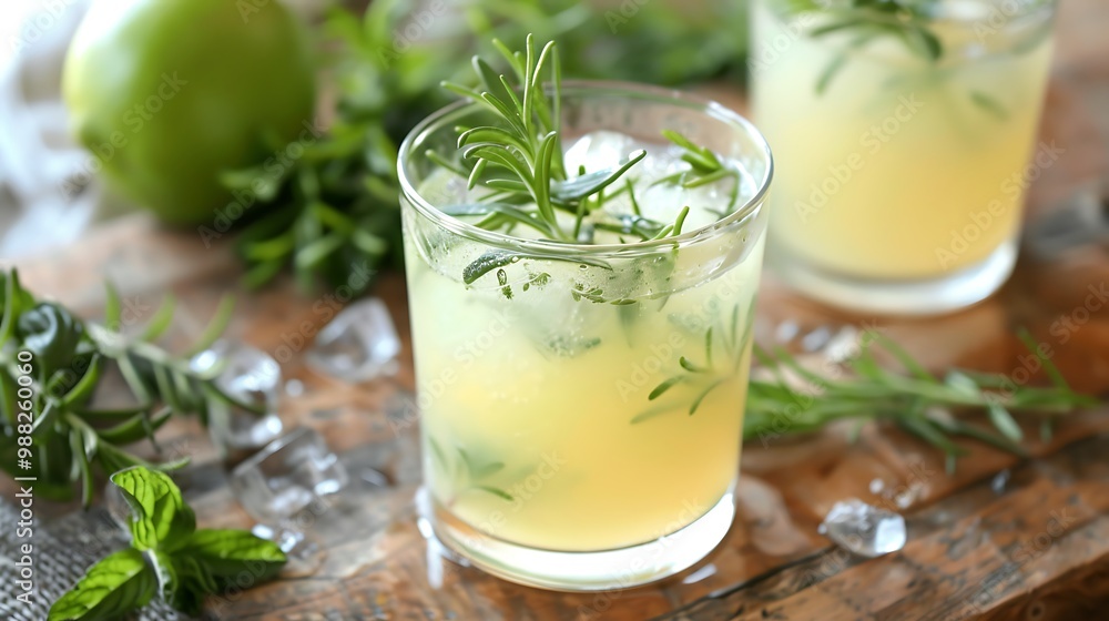 Fototapeta premium Close-up of refreshing rosemary lemonade drink garnished with fresh rosemary sprigs and ice cubes for showcasing natural ingredients cool beverage and artisanal drink concept.