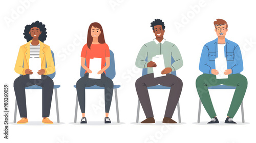 Diverse young people sitting in row waiting for job interview. Group of job applicants holding paper documets and resumes preparing for job interview. Vacancy applicants candidates photo