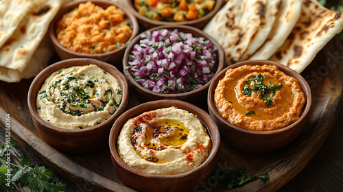 Grilled pita bread served with a variety of dips