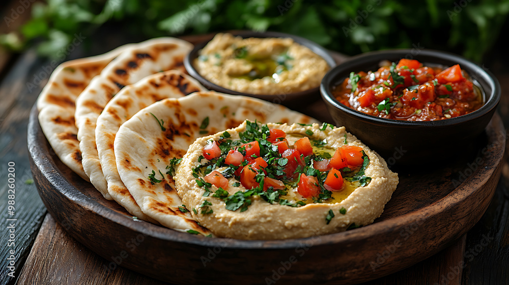 Grilled pita bread served with a variety of dips Grilled pita bread served with a variety of dips