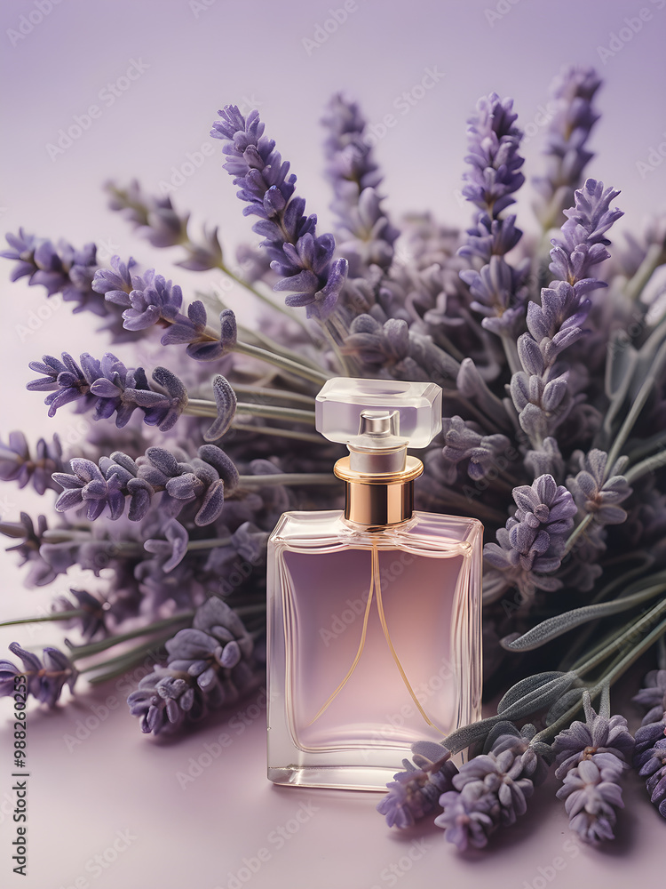 A perfume bottle nestled in a bouquet of lavender flowers on a soft pastel purple background
A perfume bottle nestled in a bouquet of lavender flowers on a soft pastel purple background