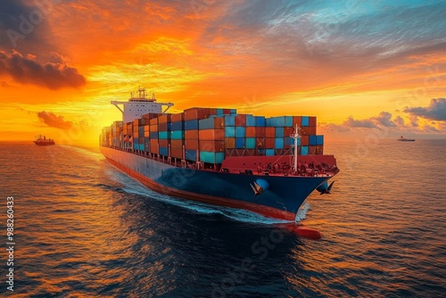 Large cargo ship sailing ocean sunset is blue at sea