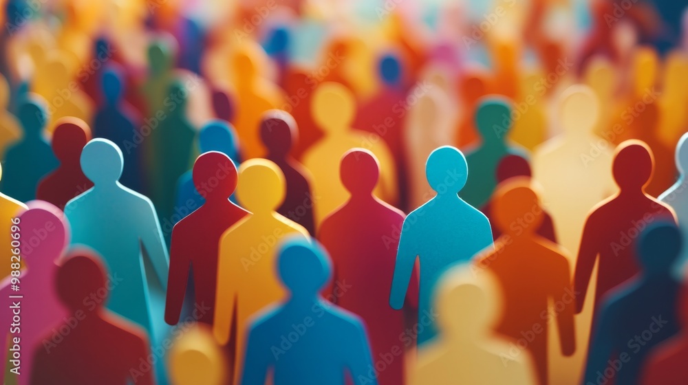 Large group colorful paper cutouts people standing crowd Large group colorful paper cutouts people standing crowd