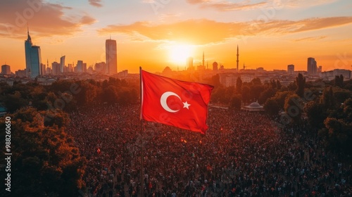 Large crowd people gathered park Turkish flag flying Commemorating 30 ağustos: victory photo