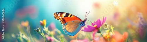 A butterfly is sitting on a pink flower in a field of flowers