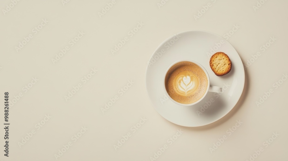 Morning Coffee Break with Latte Art and Biscuit Morning Coffee Break with Latte Art and Biscuit