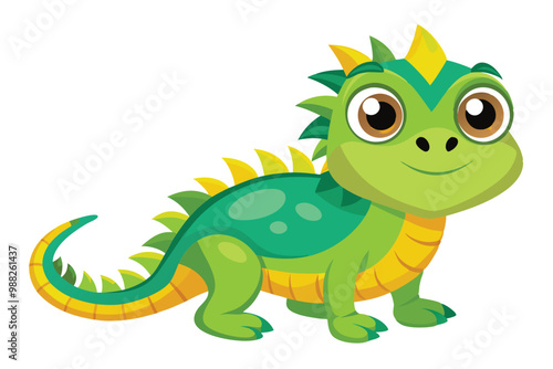 A cheerful cartoon iguana stands bright and playful, showcasing vibrant green and yellow colors against a clean white background, evoking a joyful atmosphere.