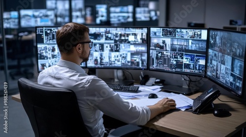 Wallpaper Mural Man sitting desk front multiple computer monitors He security professional at Torontodigital.ca