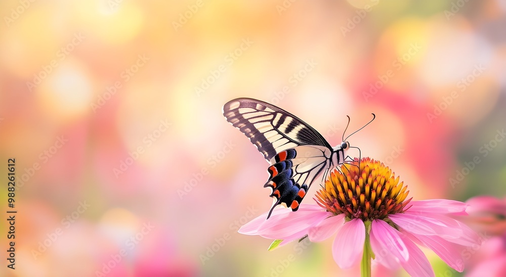 Fototapeta premium Schöner Schmetterling auf einer Blume vor verschwommenem Hintergrund. Bunte Naturszene mit einem Makrofoto eines Schmetterlings.