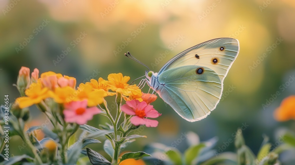 Naklejka premium A butterfly softly landing on a vibrant flower