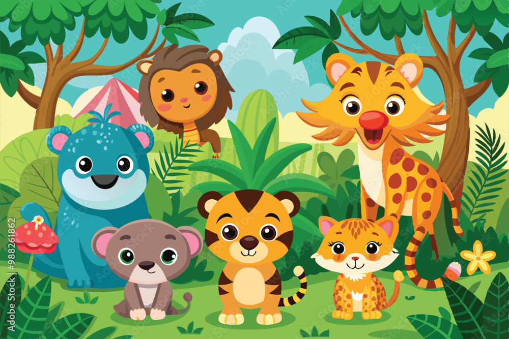 Naklejka premium A lively group of cute cartoon jungle animals gathers among lush greenery, enjoying their playful day amidst vibrant plants and trees.