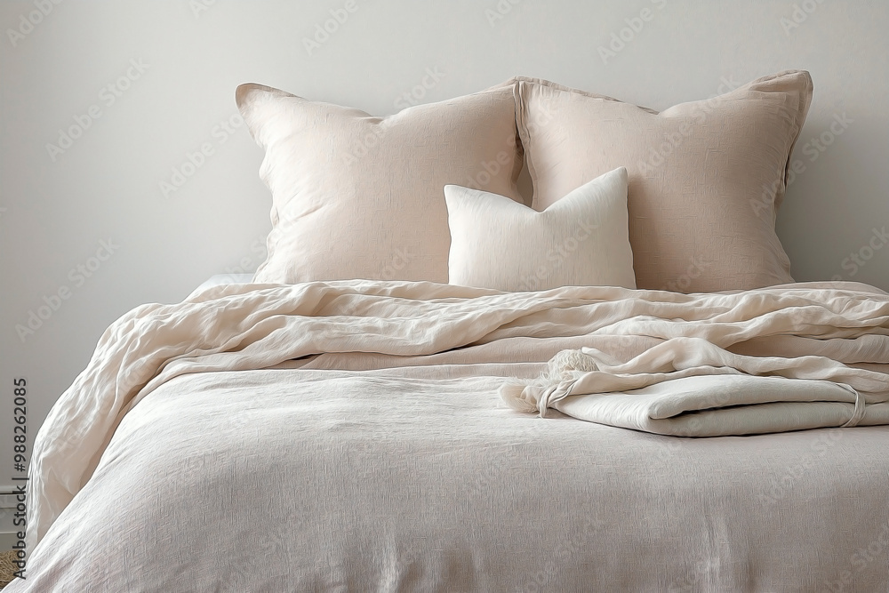A relaxing bedroom detail featuring a bed with natural linen textured bedding, styled in a modern girly aesthetic A relaxing bedroom detail featuring a bed with natural linen textured bedding, styled in a modern girly aesthetic