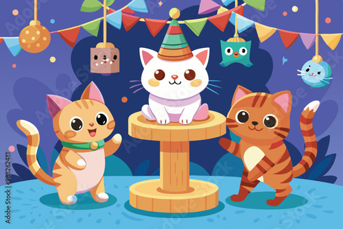 Two playful kittens celebrate a holiday event, gathering around a scratching post decorated with festive ornaments and colorful banners.