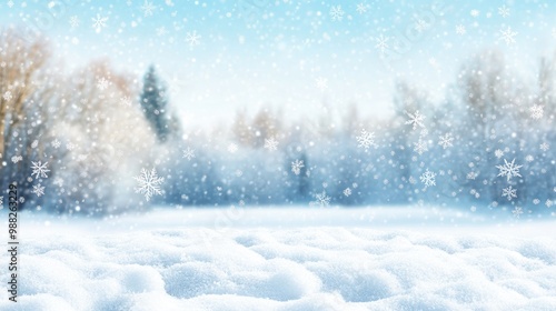 Wallpaper Mural Stunning winter scene featuring snow and a blurred forest backdrop with softly falling snowflakes against a clear blue sky offering ample space for your design Wide panoramic view Torontodigital.ca