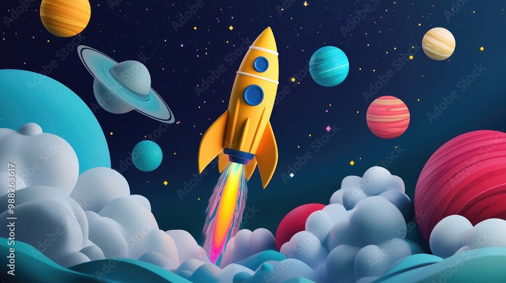 A cartoon rocket soars into space accompanied by vibrant planets and fluffy clouds capturing the essence of dreams adventure and fresh starts A cartoon rocket soars into space accompanied by vibrant planets and fluffy clouds capturing the essence of dreams adventure and fresh starts