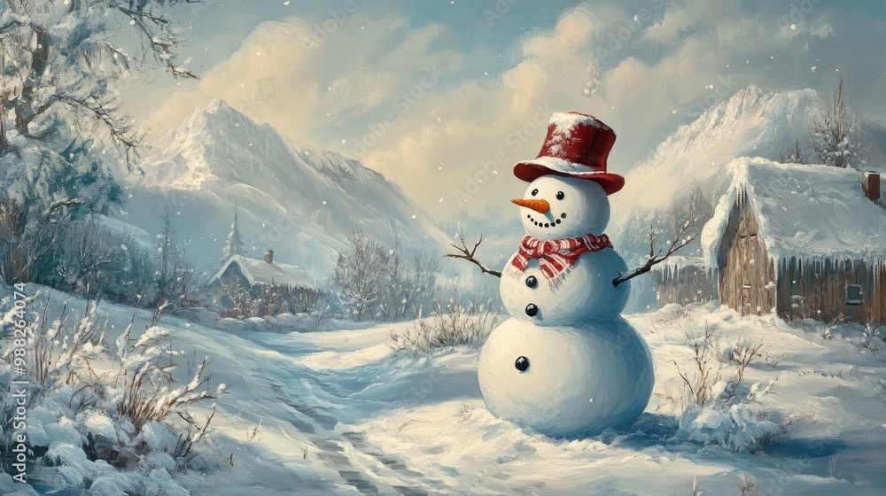 Obraz premium Charming Snowman in a Wintery Landscape