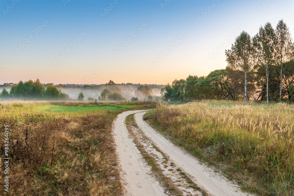 A road in a field with trees in the background A road in a field with trees in the background