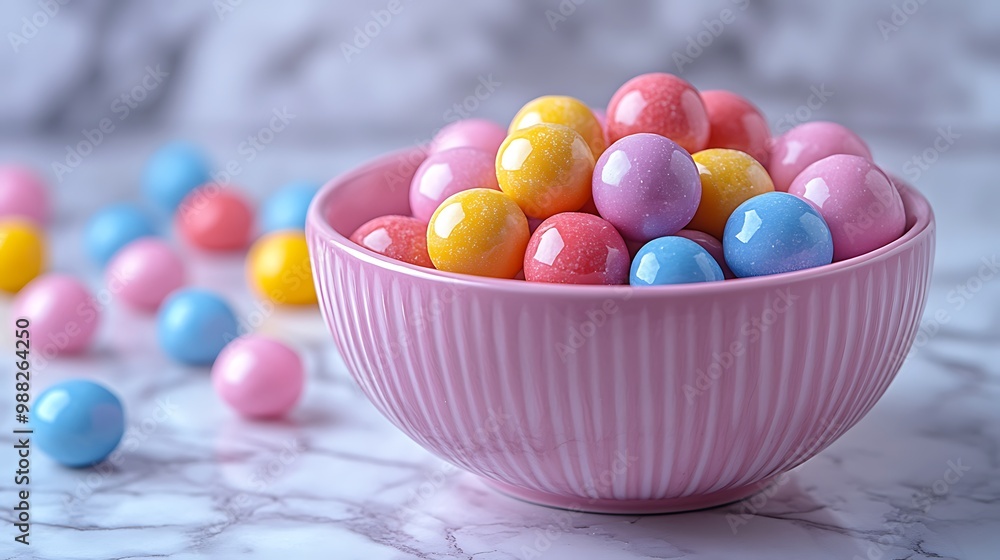 A bowl filled with colorful, glossy candy balls on a marble surface. A bowl filled with colorful, glossy candy balls on a marble surface.