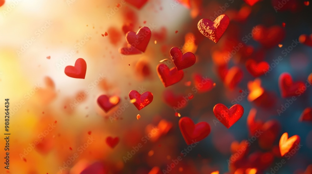 Falling red and orange hearts against a vibrant backdrop Falling red and orange hearts against a vibrant backdrop
